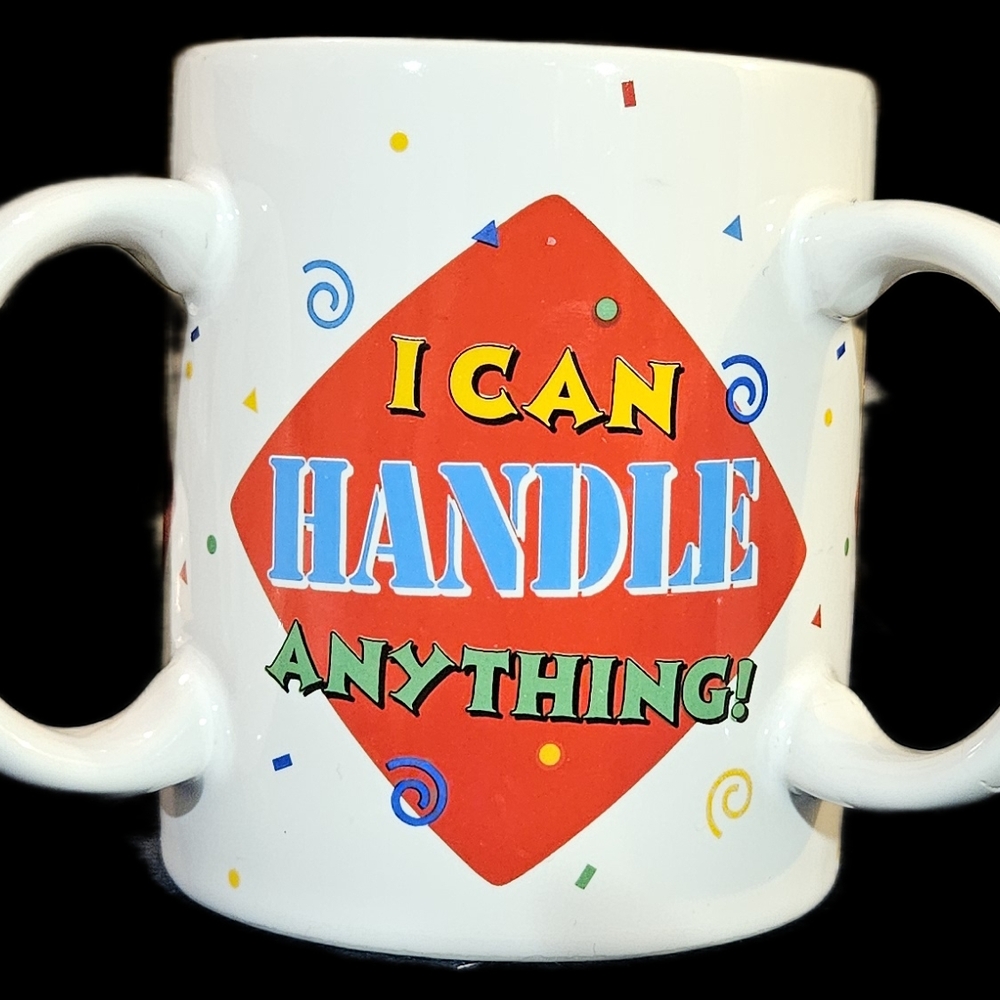 Double-Handled White Mug with Red and Blue Accents